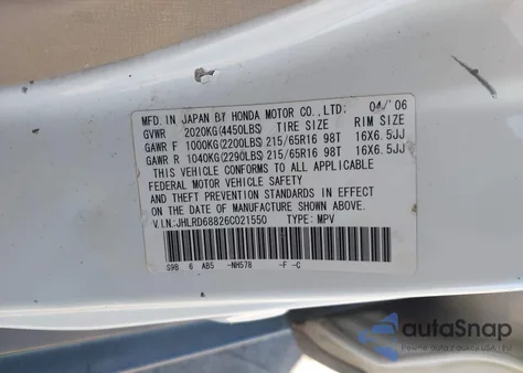 2006 Honda Cr-V Ex from USA, damaged, VIN JHLRD68826C021550